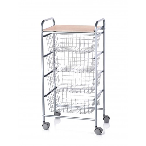 kitchen storage cart with 4 removable baskets, grey steel frame and beech top – BEECH model