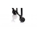 Close-up of wheel on BAUHAUS folding cart with black steel frame and burr elm finish shelves