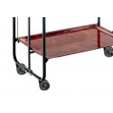 Detail of wheel on BAUHAUS folding cart with black frame and burr elm finish shelves
