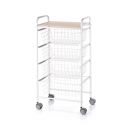Chariot de cuisine FIESTA en acier blanc avec 4 paniers amovibles et plateau stratifié couleur frêne