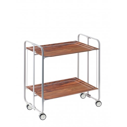 Folding serving cart with grey steel frame and cedar wood shelves – BAUHAUS 2-tier rolling cart on wheels