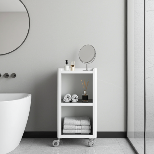 Bathroom cabinet with two shelves and wheels