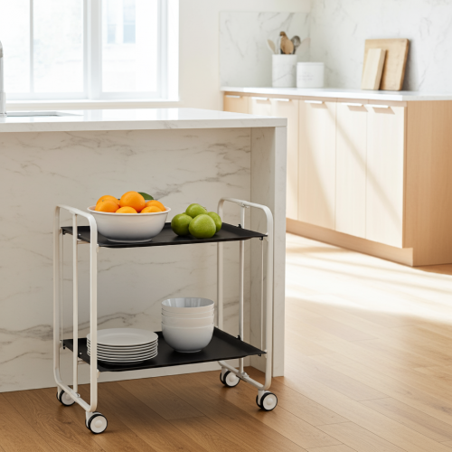 Foldable bar cart with white frame and black shelves in kitchen setting.