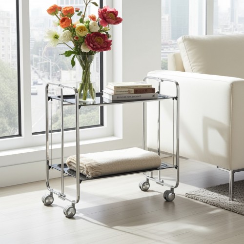 2-Tier FoldingKitchen Cart on Wheels – Chromed Frame and black shelves holding books and decorative items in a dining room