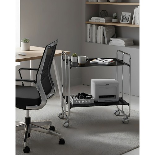 2-Tier Folding Bar & Kitchen Cart on Wheels with chrome frame and black shelves, printer, books and pens in a home office