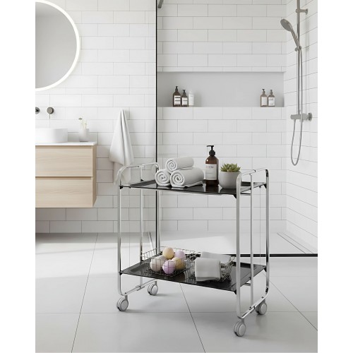 BAUHAUS Folding Cart with chrome frame and black shelves, towels and soaps in a bathroom