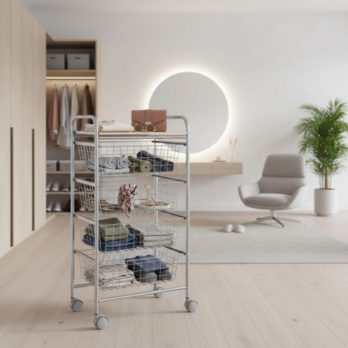 Multi-purpose storage cart in bedroom with clothes and accessories – BEECH kitchen and home organizer