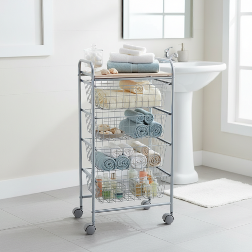Bathroom storage cart with baskets for towels and skincare products – BEECH grey utility trolley with wheels