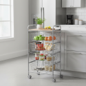 Rolling kitchen cart with baskets storing fruits, pasta jars and snacks – BEECH grey frame with beech laminated top