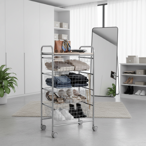 Closet storage cart with baskets for shoes, clothes and accessories – BEECH multipurpose grey frame cart