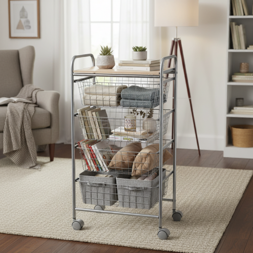 Rolling storage cart in living room with blankets and books – BEECH versatile grey and beech utility cart