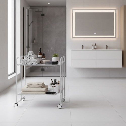 2-tier rolling serving cart with grey steel frame and white shelves, styled in a modern bathroom - BAUHAUS