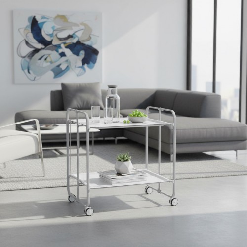 2-tier rolling serving cart with grey steel frame and white shelves, styled in a modern dining room - BAUHAUS