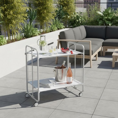 2-tier rolling serving cart with grey steel frame and white shelves, styled in a modern terrace - BAUHAUS