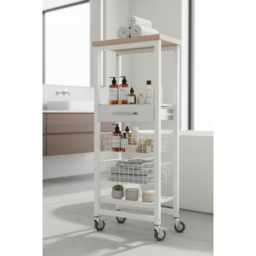 Multi-purpose storage cart used as a bathroom organizer with towels, creams, and toiletries – ONDA ALTO gray rolling cart.