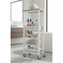 Multi-purpose storage cart used as a bathroom organizer with towels, creams, and toiletries – ONDA ALTO gray rolling cart.