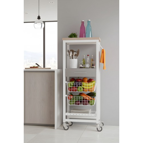 Stylish rolling kitchen cart with utensils, vegetables, and fruit baskets – ONDA ALTO space-saving kitchen organizer.
