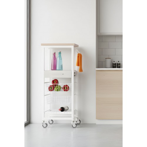 kitchen storage cart with colorful peppers, three bottles, and a towel – modern home storage on wheels. ONDA ALTO