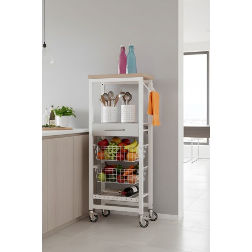 Practical kitchen trolley for everyday use – ONDA ALTO tall cart with drawers, baskets, and a towel rack.