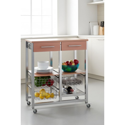 Chariot de cuisine OSLO dans une cuisine moderne avec vaisselle, fruits et vin – meuble design européen