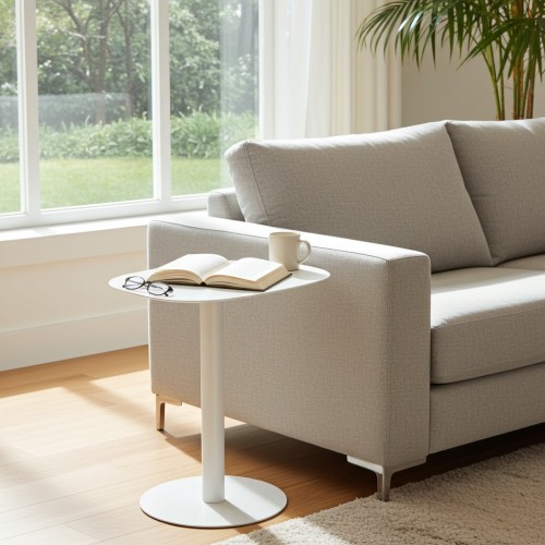 SKANDY white end table next to couch with book and coffee