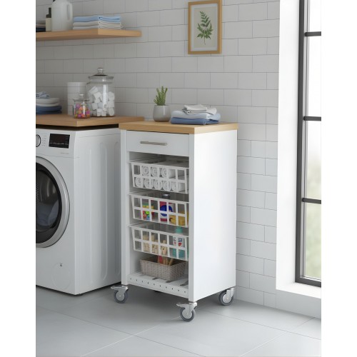 KARA White Rolling Kitchen Cart with...