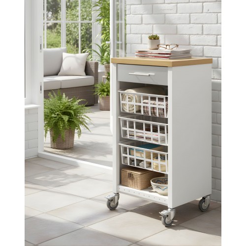 KARA White Rolling Kitchen Cart with...