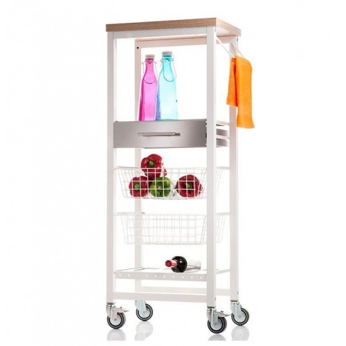 Modern vertical kitchen storage cart filled with fresh fruits, vegetables, and bottles – slim kitchen trolley with baskets.
