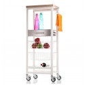 Modern vertical kitchen storage cart filled with fresh fruits, vegetables, and bottles – slim kitchen trolley with baskets.