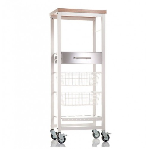 Tall rolling kitchen cart with gray metal frame, elm wood top, two baskets, drawer, and bottle rack on wheels - ONDA ALTO