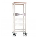 Tall rolling kitchen cart with gray metal frame, elm wood top, two baskets, drawer, and bottle rack on wheels - ONDA ALTO