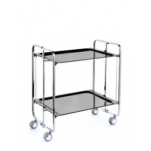 Modern 2-Tier Folding Bar & Kitchen Cart on Wheels – Chromed Frame and black shelves – BAUHAUS