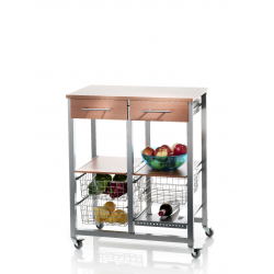 Carro de cocina OSLO con frutas, verduras y botella de vino – estructura plateada y cubierta color nogal